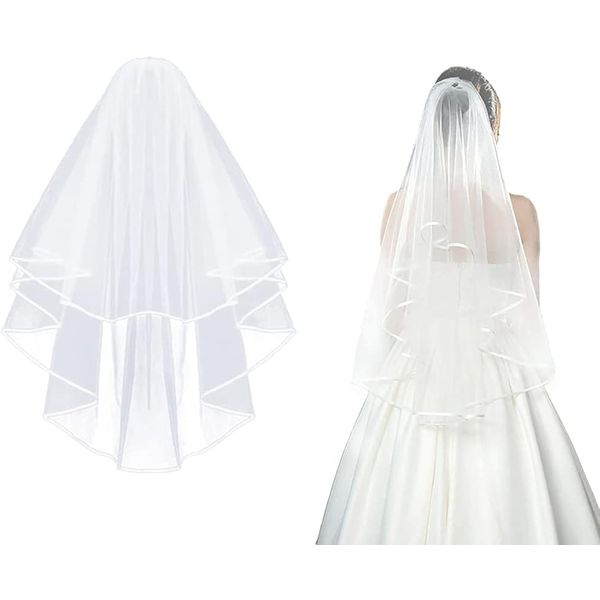 CICILIAYA Bridal Veil Wedding Vails Women's Simple White Ivory Tulle Short Veils Ribbon Edge for Brides Shower Bachelorette Hen Party Chucky Costume Dress Up Gift Prom Girls First Communion (White)