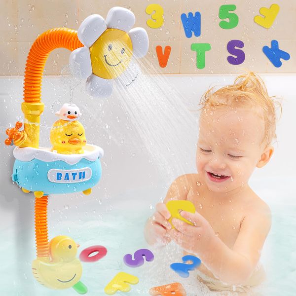 Bath Toy Bathtub Toy with Electric Shower and 36 Foam Bath Letters and Numbers, Organizer Mesh Net, Chritsmas Gift for Toddlers, Kids and Babies