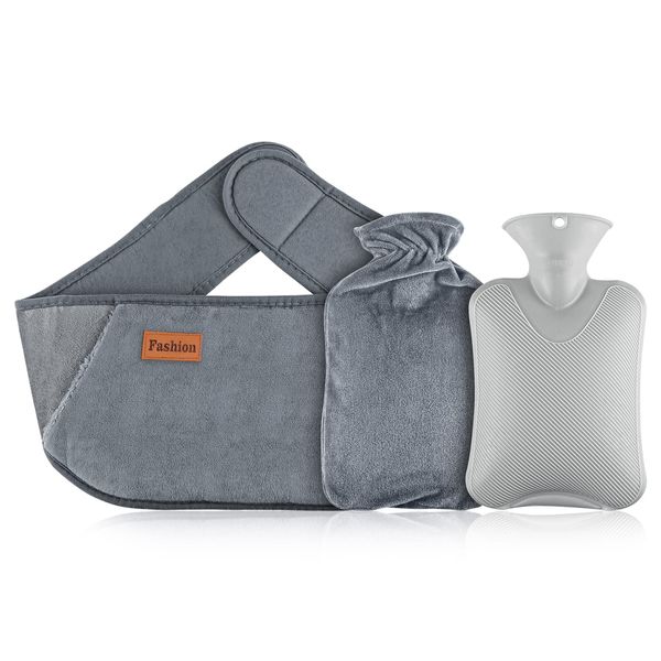 Hot Water Bottle with Waist Cover, Yeswell Wearable Hot Water Bottle Waist Belt, Soft Warm Water Bag for Pain & Tension Relief, Suitable for Adults, Elderly and Children, Grey