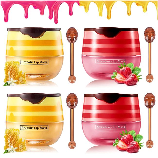 Bee Balm Lip Balm Honey Pot Propolis Lip Mask, Strawberry Honey Lip Sleep Mask Moisturizing Prevention Dry and Cracked Lip Scrubs Exfoliator, Reduces Lip Lines (2packs strawberry+2packs honey)