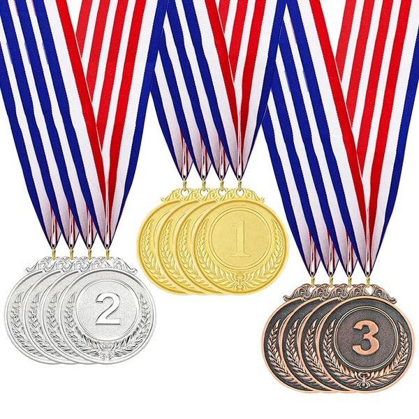 Vueinrg 12 Stück Gold Silber Bronze Medaillen Set Zahlenmedaillen Metallmedaillen mit Halsband Goldmedaillen Siegermedaillen für Fussball Kinder Sport Wettbewerbe Party Kindergeburtstag
