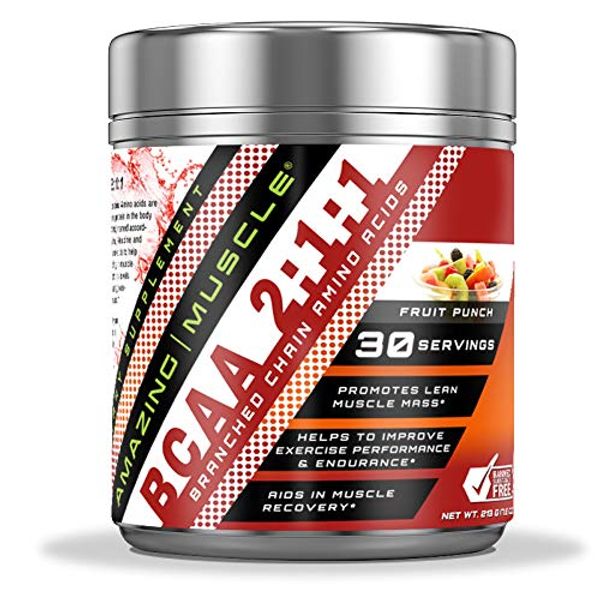 Amazing Muscle BCAA 2:1:1 Branched Chain Amino Acids Supplement | 6,000 Mg Per Serving | Fruit Punch Flavor | 30 Servings