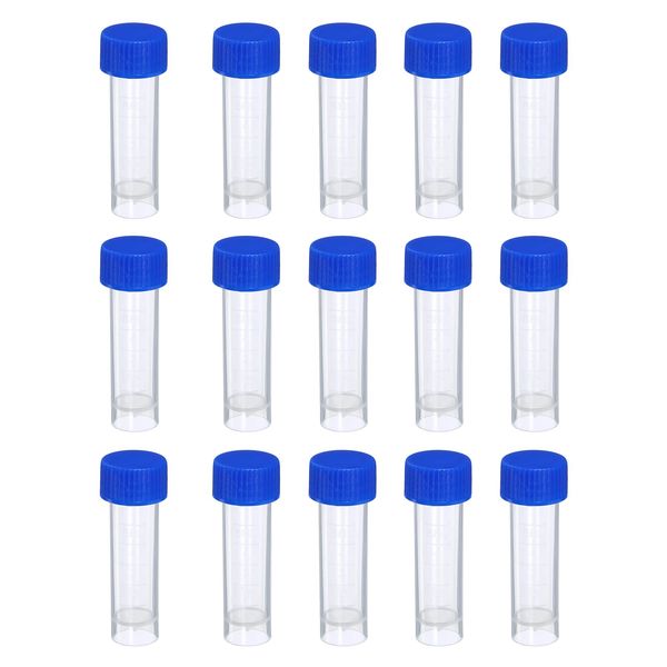 PATIKIL 5ml Fluid Meter, Test Tube, Measuring Tube, Plastic, 15 Pack, Freezer Container Storage, Blue Screw Caps for Lab Science, Clear