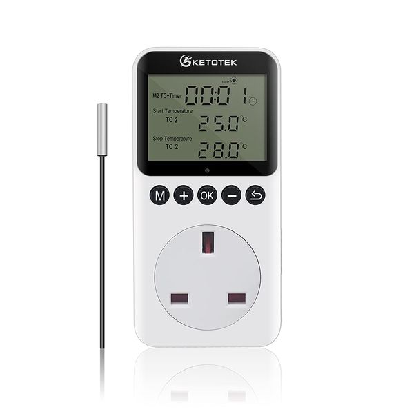 KETOTEK Day Night Temperature Controller Plug Outlet Digital Thermostat Socket Heating Cooling Temp Controller with Sensor Timer Switch for Reptile Greenhouse Brewing Refrigerator