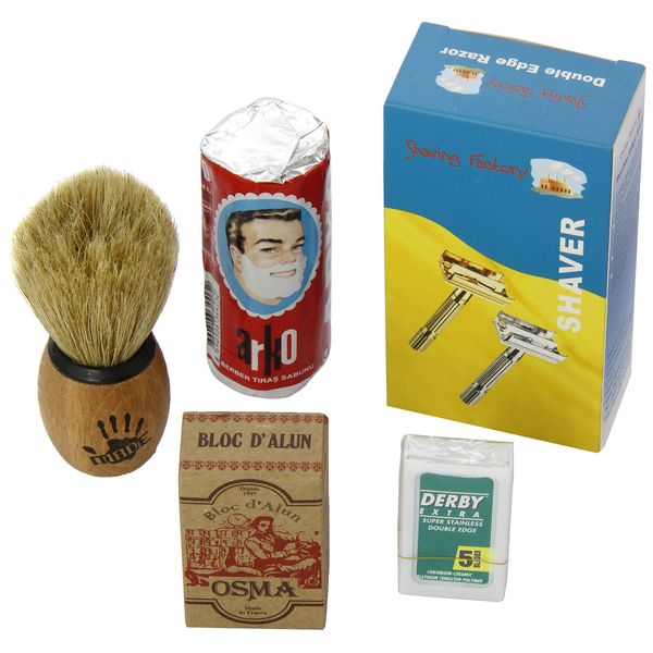 Shaving Set with Shaving Factory Double Edge Safety Razor, Alum Bloc Osma, Shaving Factory XSmall Shaving Brush, Arko Soap and 5 Derby Extra Blades.