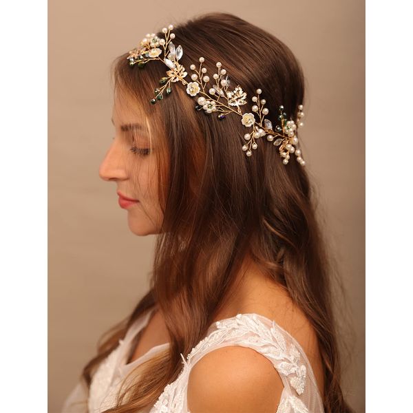 YETTER Wedding Bridal Floral Pearl Green Crystal Maple Pearl Headband Wedding Rhinestone Crystal Headband Hair Vine Beads Hair Band Bridal Headpieces for Bride Bridesmaid Flower Girl Wedding Prom Birthday Party