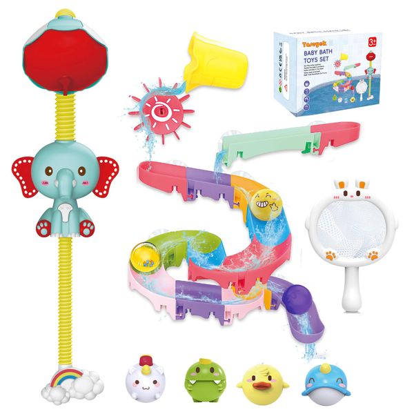 taseyok Toddler Bath Toys, Baby Bathtub Toys with Elephant Shower Sprays and Slide Track, Fishing Floating Animals Toys, Creative Shower Toys Christmas Birthday Gifts for Boys and Girls