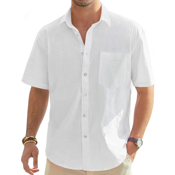 J.VER Men's Half Sleeve Linen Shirt Solid Casual Button Down Shirts Summer Beach T-Shirt with Pocket White X-Large