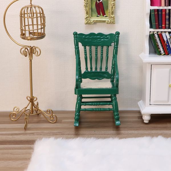 Dollhouse Miniature Rocking Chair 1:12 Scale Wooden Furniture Accessories Tiny Mini House Home Outdoor Cake Topper Decoration Model Living Room Scene Christmas Craft Displays (Green, 1)