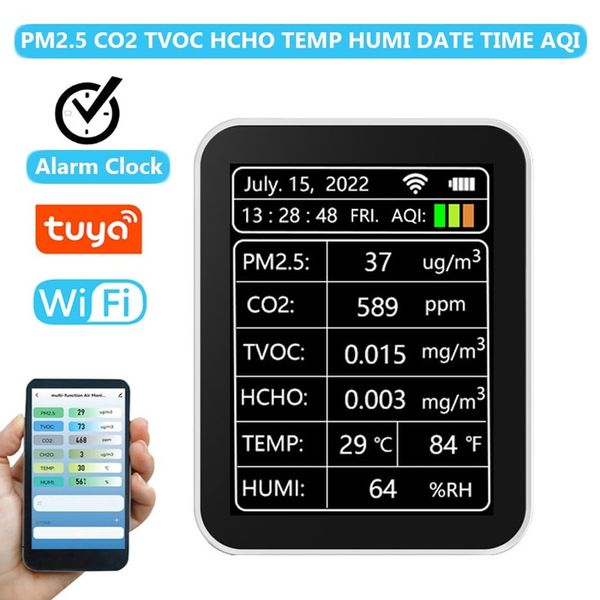 Air Quality Meter Tuya-WIFI Air Quality Monitor Alarm Clock PM2.5 HCHO TVOC Carbon Dioxide Detector CO2 Meter Temperature Humidity Tester, White-WIFI, White-WIFI