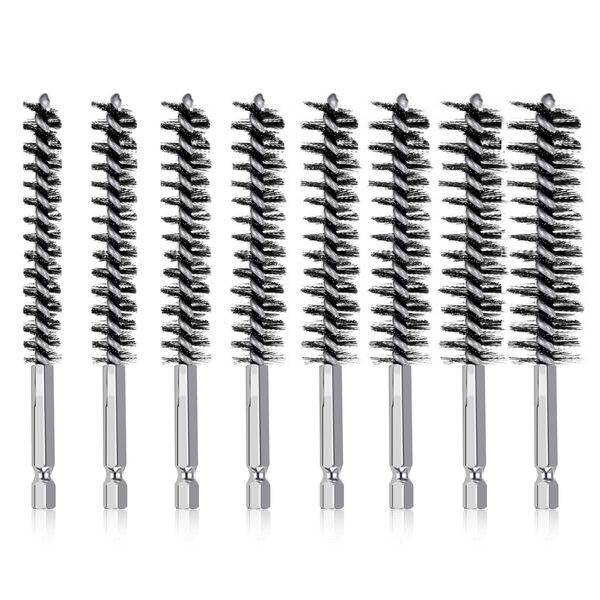 Set of 8 Hexagonal Screw Rebrushes, Bore Brush with Handle, Hex Shank, Cleaning Hand Tool, Stainless Steel and Polishing Tool, Paint Removal (0.39, 0.4, 0.4, 0.4, 0.4, 0.5, 0.5, 0.5, 0.5, 0.5, 0.5, 0.57, 0.7 inches (8, 9, 10, 11, 13, 15, 17, 19 mm)