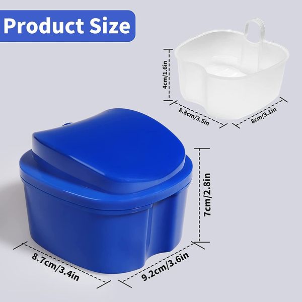 Denture Case, Denture Cup with Strainer, DERDOUT Denture Bath Box False Teeth Storage Box with Basket Net Container Holder for Travel, Retainer Cleaning (Dark Blue)