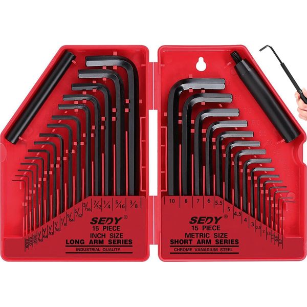 SEDY 32-Piece Hex Key Wrench Set, Metric and SAE Allen Wrenches (0.028-3/8 inch, 0.7-10 mm) L Shape Allen Keys, Chrome Vanadium Steelwith 2x Extension Handle