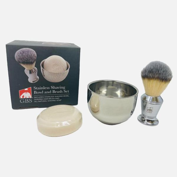 G.B.S Men's Shaving Kit 3 pc Stainless Steel Bowl Shaving Soap and Synthetic Shaving Brush Durable Makes a Gift Holiday