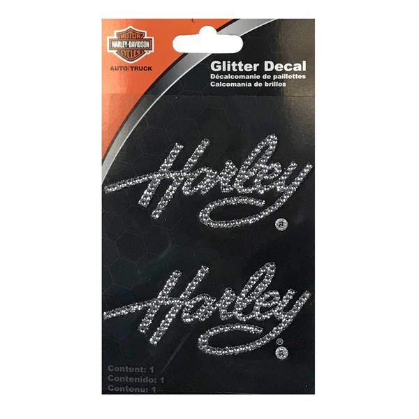 Harley-Davidson Rhinestone Harley Script Logo Glitter Decals - Silver - 3 x 5in.