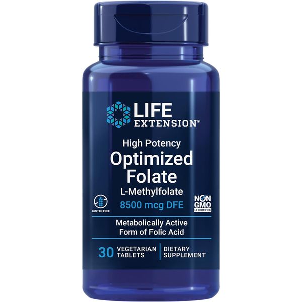 Life Extension, High Potency Optimised Folate, 5-MTHF, 8500mcg DFE, Depot, 1 Tablet every 7 Days, High-Dose, 30 vegan Tablets, Lab-Tested, Vegetarian, Gluten-free, Soy-free, GMO-free