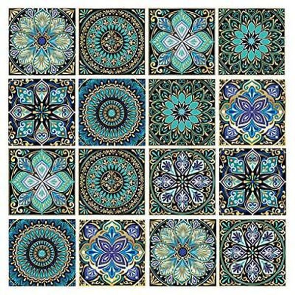 16 Pcs 6x6 Inch Mandala Decorative Tile Stickers，Peel and Stick Green 16 Pcs