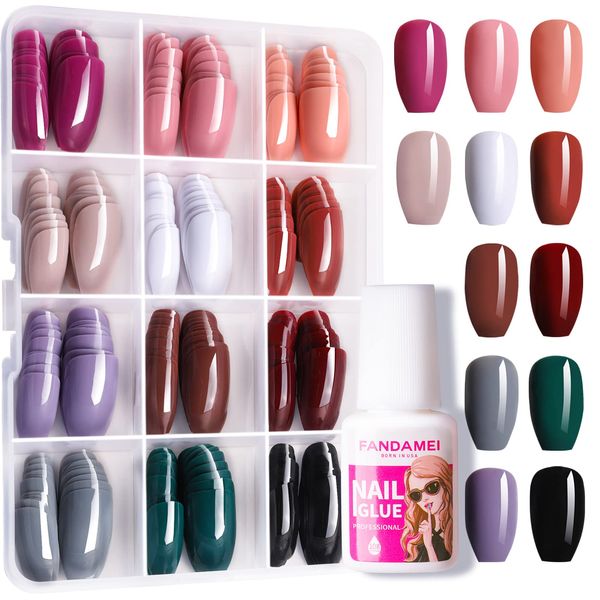 288PCS Press on Nails Medium Length with 10g Nail Tips Glue, FANDAMEI 12 Sets Short Fake Nails False Ballerina Coffin Press on Nails, 12 Solid Color Glossy False Nail Tips for Women Girls Nail Art DIY