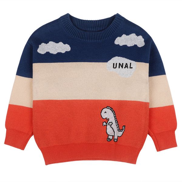 Baby Boy Little Dinosaur Graphic Colorblock Design Long Sleeves Knit Sweater - 130 (7-8Y) / Navy Blue