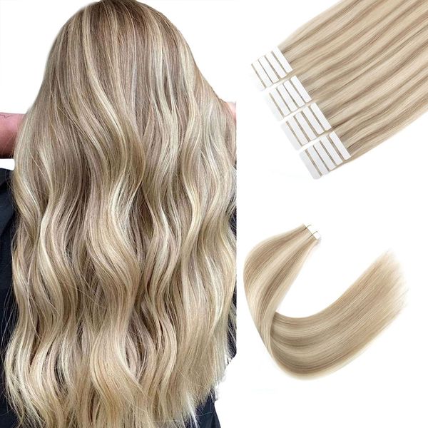 Sixstarhair Invisible Tape Extensions Echthaar Aschblond Mit Blond 20 StüCk 50 Gramm #8/60 HaarverläNgerung Tape Echthaar Blond FüR Frauen