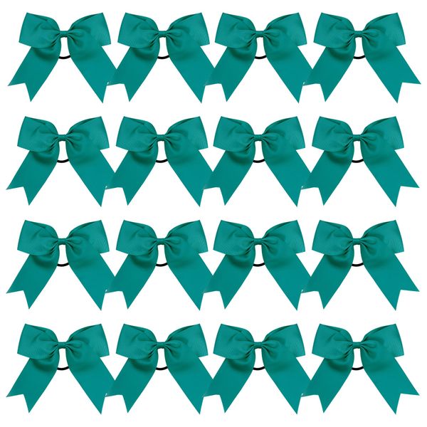 Cheer Bows 6 Inch Ponytail Holder Hair Tie 16 Pcs Hair Bow Cheerleader Bows Hair Tie (Teal)