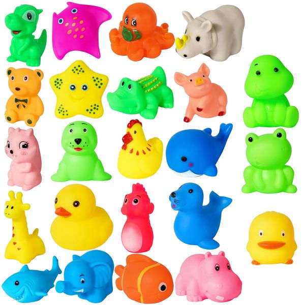 23pcs Zoo and Sea Animals Baby Bath Toys Squeezeable Sound Toys for Toddler Boys Girls Baby Floating Tub Swimming Pool Toys,small cute duck/fish/frog