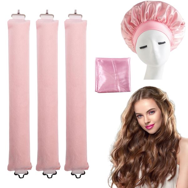 KDJXZ Overnight Blowout Rods,3 PCS Heatless Curling Rod for Women Overnight Hair Curlers Headband Flexi Rods for Long Hair Set for Hair Wrapping Sleeping at Night with a Silk Scarf and Shower Cap