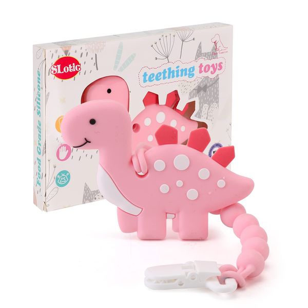 Baby Teething Toys for Babies 3-6 6-12 Months, Dinosaur Teether Pain Relief Toy with One Piece Design Pacifier Clip Holder Set, Freezer Safe Neutral Shower Gift for Boys and Girls (Pink)