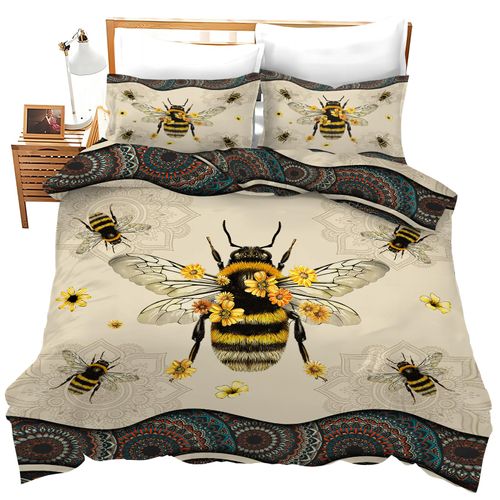 Bohemian Bee Comforter Set Bee Flowers Duvet Cover Boho Bedding Set Twin Full Queen King Size Quilt Set for Girls Boys Kids Teenagers Adults Men Women with 2 Pillowcases 68"x90"