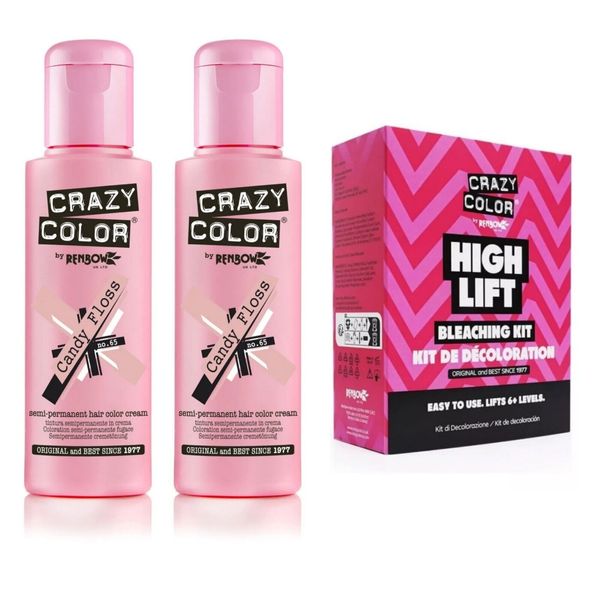 2x Crazy Color Semi Permanent Hair Dye Candy Floss 100ml And Bleaching Kit