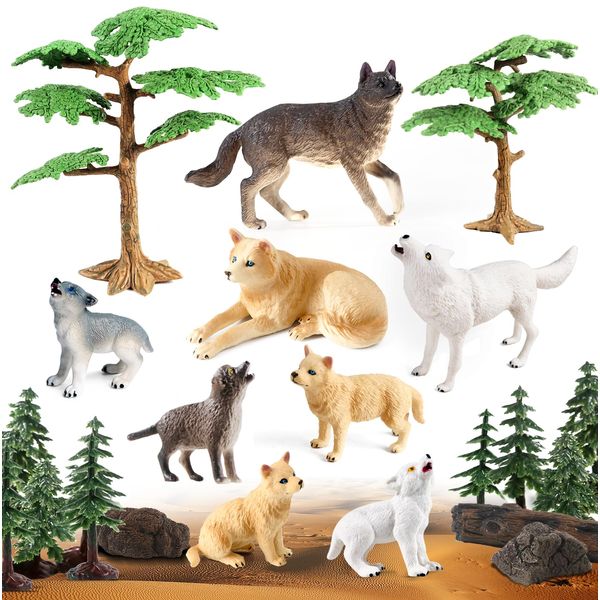 SIENON 23Pcs Wolf Figurines Model Trees Kit Wolf Figures Toy Playset for Forest Diorama Projects, Wolf Family Toy with Wolf Cub Figurines for Woodland Cake Toppers Jungle Party Decorations