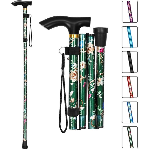 Folding Compact 4-part Walking Sticks for Women | Floral Walking Sticks for Disabled | Folding Walking Sticks for Ladies, Adjustable Walking Cane for Women (Green Floral)