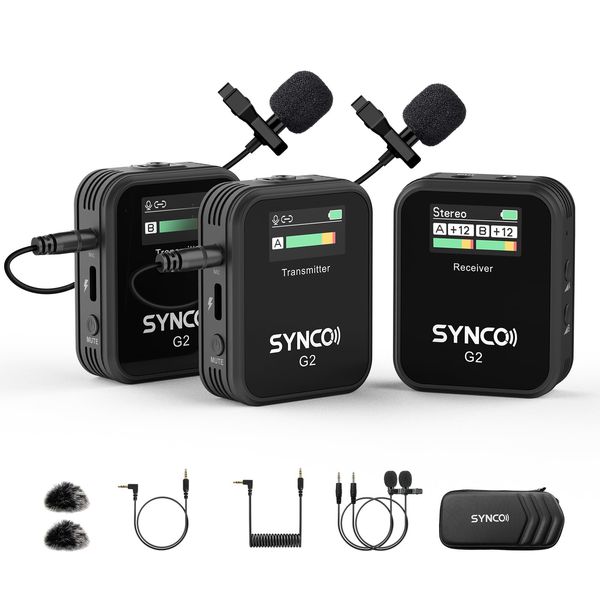 SYNCO G2 (A2) Wireless Microphone, 2 Transmitters & 1 Receiver, Easy Operation, Volume Adjustment, Up to 150 m Distance Transmission, Video Recording, Online Classes, Compatible with SLR Cameras,