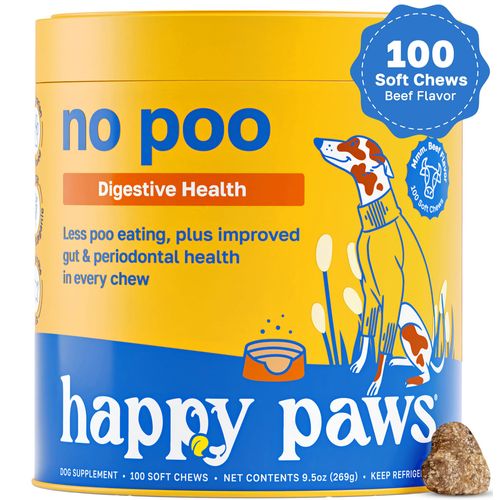 Happy Paws No Poo Chews for Dogs, Stool Eating Deterrent, Soft Chews for Dogs with Bromelain, Pumpkin, Probiotics & Enzyme Blend for Digestive Health, Organic, Vegan, Non GMO, Beef Flavor, 100 Count