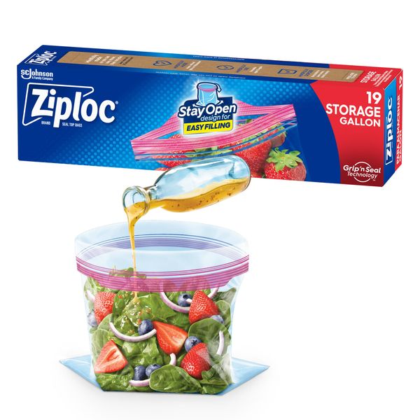 Ziploc Gallon Food Storage Bags, New Stay Open Design with Stand-Up Bottom, Easy to Fill, 19 Count