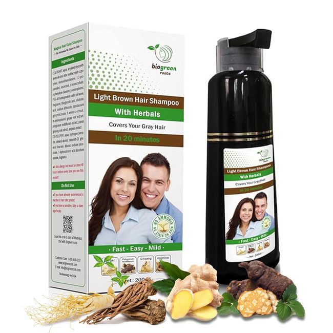 BIOGREEN ROOTS Hair Dye Shampoo - Light Brown Hair Color Shampoo, Easy Application, Quick Gray Coverage, Ideal for Men and Women, Suitable for All Hair Types,Hair Color Solution, 250ml - Light Brown