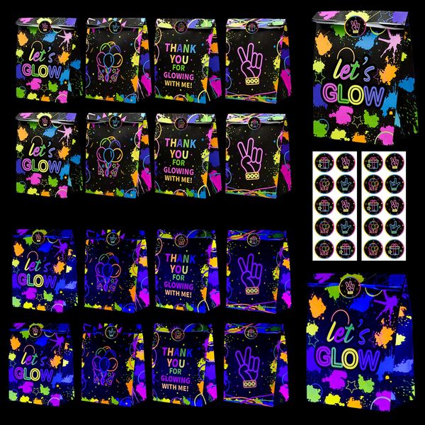 Glow Neon Party Gift Bags - 20 Pcs Goodie Bags Party Favor Bags with Stickers, Fluorescent Colored Paper Bags Treat Bags for Birthday Party Family Union, Glow in The Dark Party Supplies