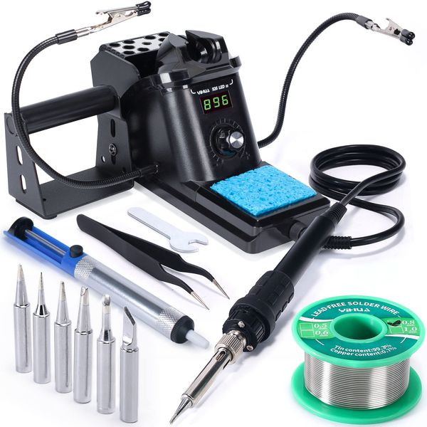 YIHUA 926 III 60W Digital Display Soldering Iron Station Kit w 2 Helping Hands, 6 Extra Iron Tips, Lead-Free Solder, Solder Sucker, S/S Tweezers, °C/ºF Conversion, Auto Sleep & Calibration Support