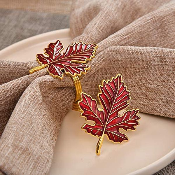 Napkin Rings in Gold Red Maple Leaf Design - Set of 4