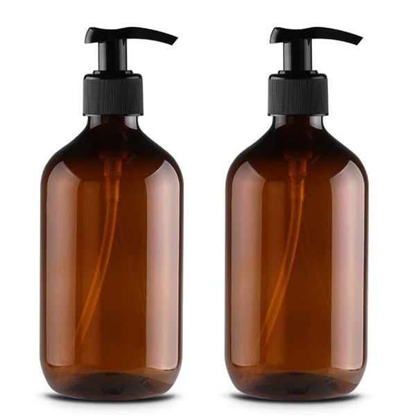 JamHooDirect 2Pcs 500ml/17oz Empty Plastic Pump Bottles, Refillable Lotion Shampoo Body Washing Cream Shower Gel Storage Holder Container Toiletries Liquid Dispenser (Brown)