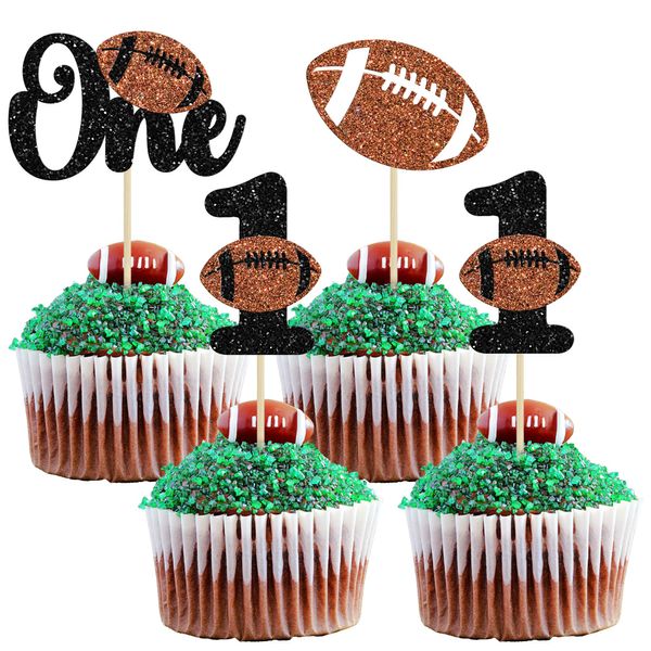 24Pcs Rugby 1st Birthday Cupcake Toppers Glitter First Birthday American Football One Cupcake Picks Decorations for Rugby Sports Theme Baby Shower Kids 1st Birthday Party Cake Supplies