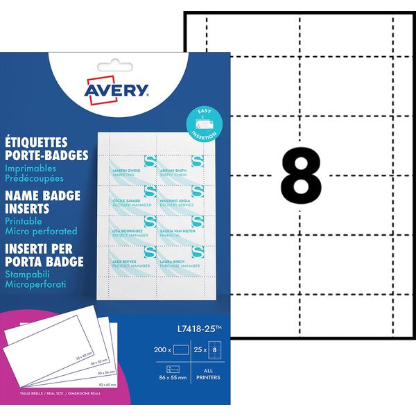 Avery Laser-Printable Name Badge Refill Kit – 8 Badges per Card, Ref L7418, 25 Sheets