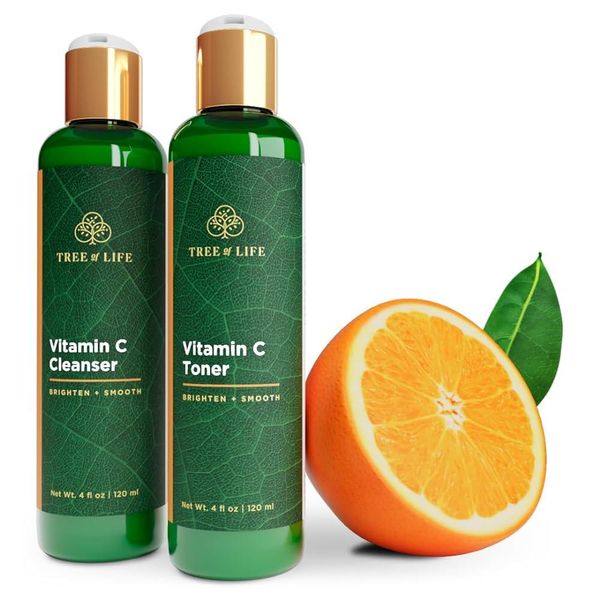 Tree of Life Vitamin C Brightening Duo Facial toner to minimize pores and cleanser for gentle deep cleaning with organic aloe Dermatologist-tested clean skin care