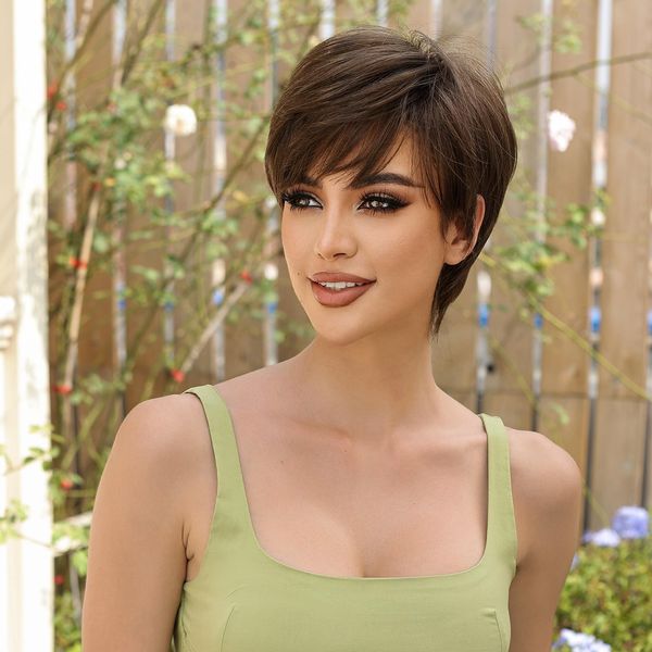 Allbell Pixie Cut Wig for Women Short Dark Brown Wig with Bangs Natural Looking Synthetic Hair Repalcement for Daily Use