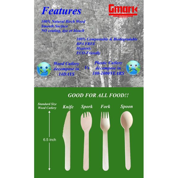 Disposable Wooden Cutlery 200pcs Set by Gmark - Biodegradable Utensils - 80 Forks, 80 Spoons and 40 Knives - Parties, Events, BBQ, Weddings, Picnics GM1046