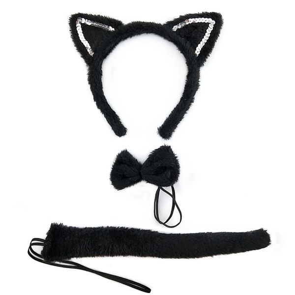 BEBAOVO Black Cat Costume Set - Cat Headband Bowtie Cat Tail Accessories for Halloween Animal Cat Cosplay Birthday Dress Up