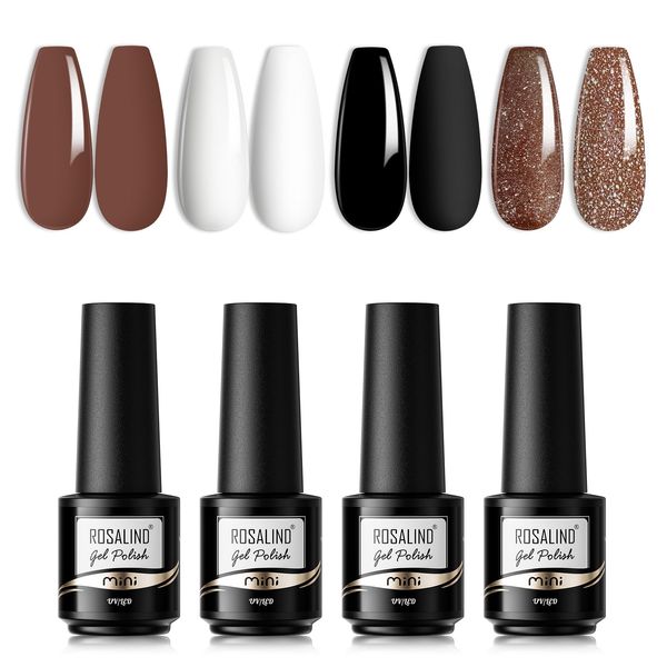 Smalto Semipermanente Unghie, ROSALIND Smalti Semipermanenti per Unghie in Gel UV LED Mini Glitter Bianco Nero Marrone 4 Colori Soak Off Nail Art Nail Polish Set Manicure