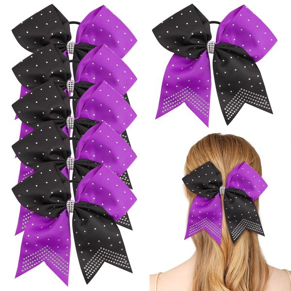 6PCS 8" Large Cheer Hair Bows Ponytail Holder, Rhinestones Cheerleader Bows with Elastic Band Hair Tie Handmade for Cheerleading Teen Girls College Sports (Black/Purple)