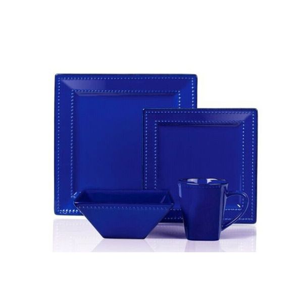 16 Pcs Square Beaded Stoneware Dinnerware set - Blue, 16 Piece, Square Beaded