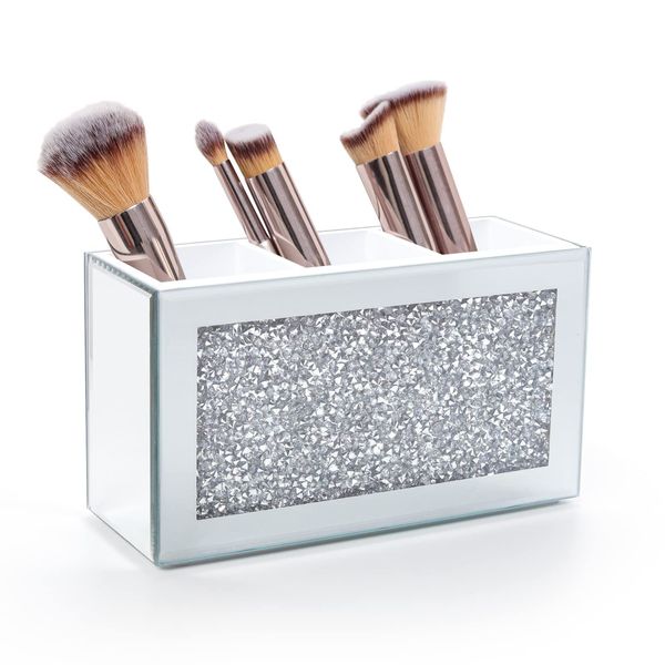 SWTHONY Desktop Storage Case, Makeup Case, Cosmetic Storage Box, Silver Makeup Brush Storage, 3 Crystal Mirrors, Makeup Brush Storage, Flashing Diamond Makeup Decoration